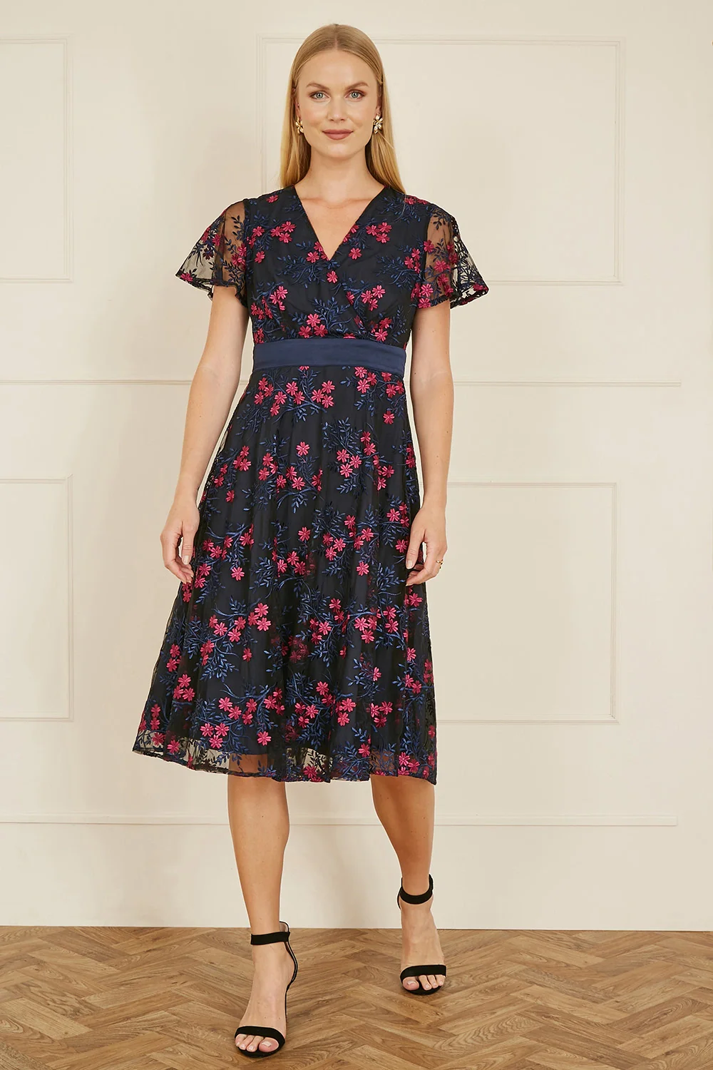 Yumi Navy Embroidered Floral Skater Dress - Image 3