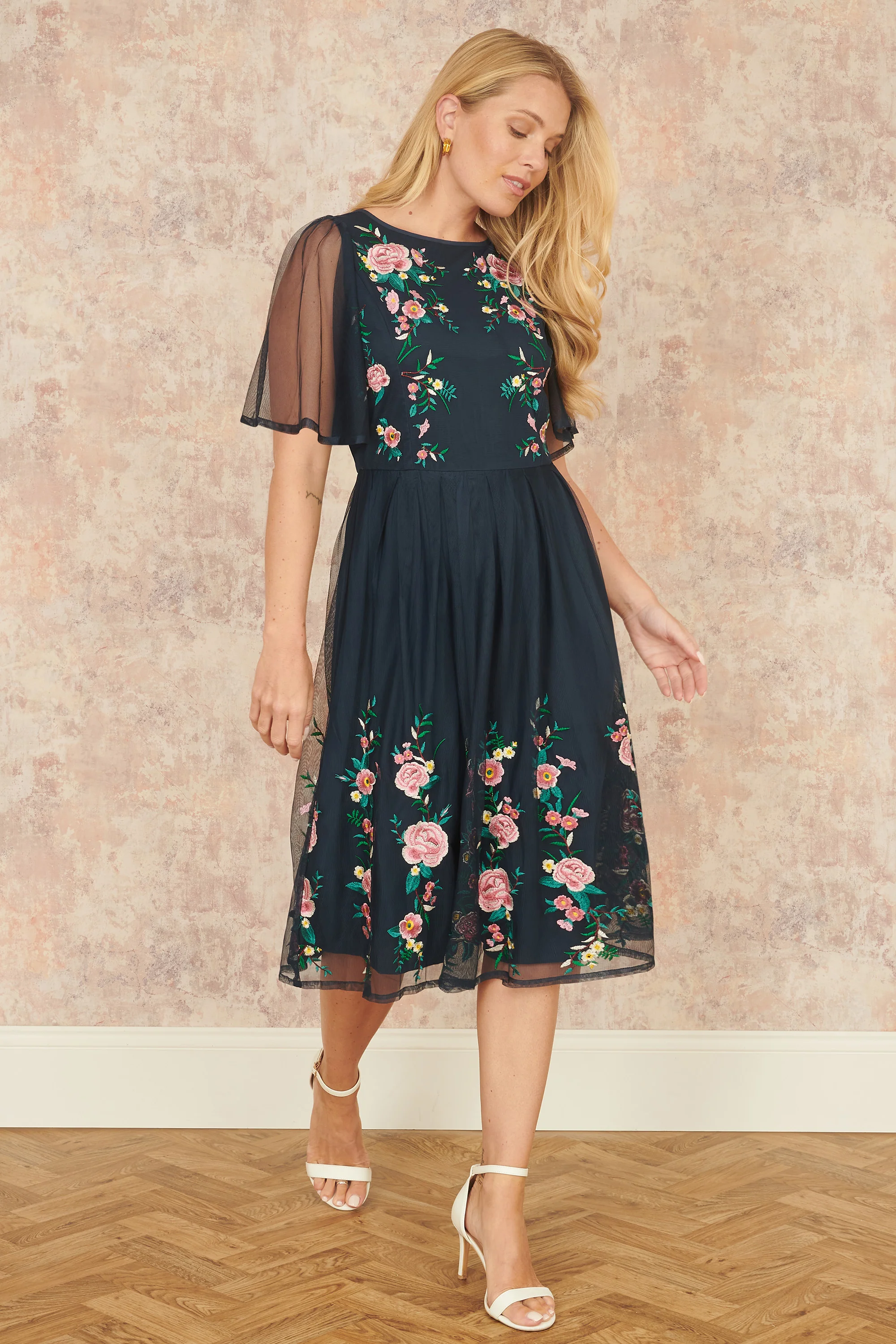 Yumi Navy Embroidered Sleeve Prom Skater Dress - Image 3