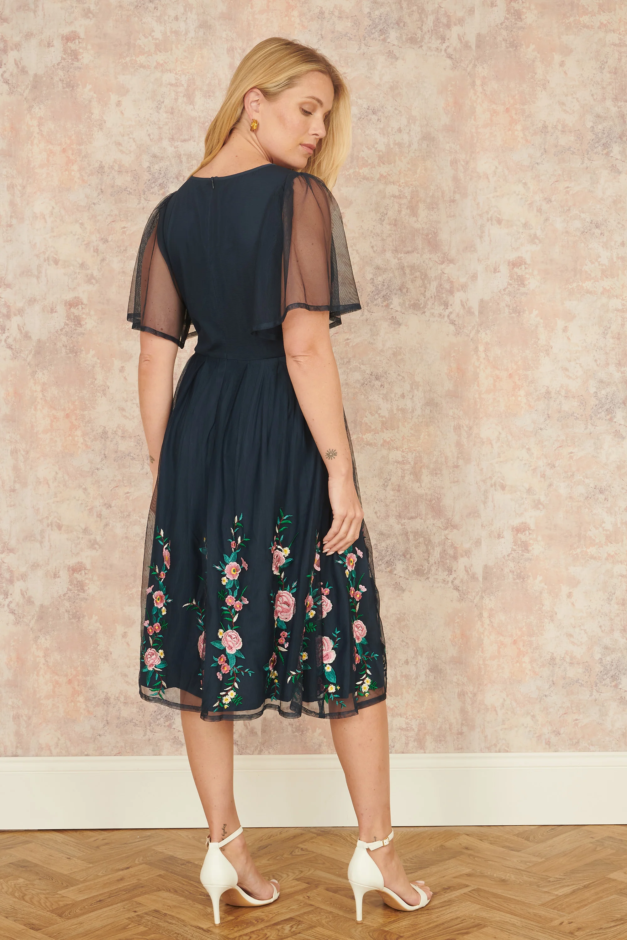 Yumi Navy Embroidered Sleeve Prom Skater Dress - Image 4