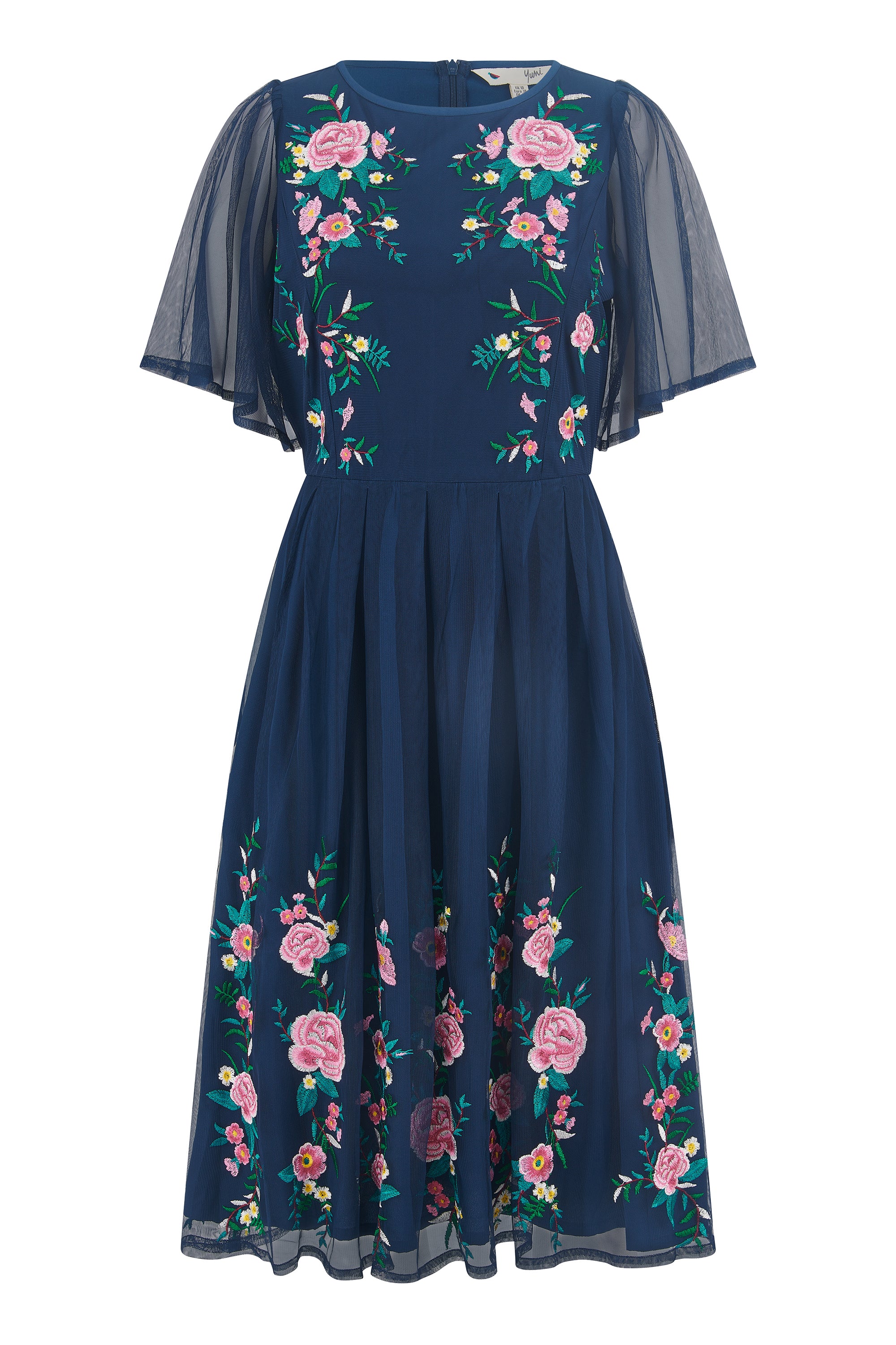 Yumi Navy Embroidered Sleeve Prom Skater Dress - Image 6