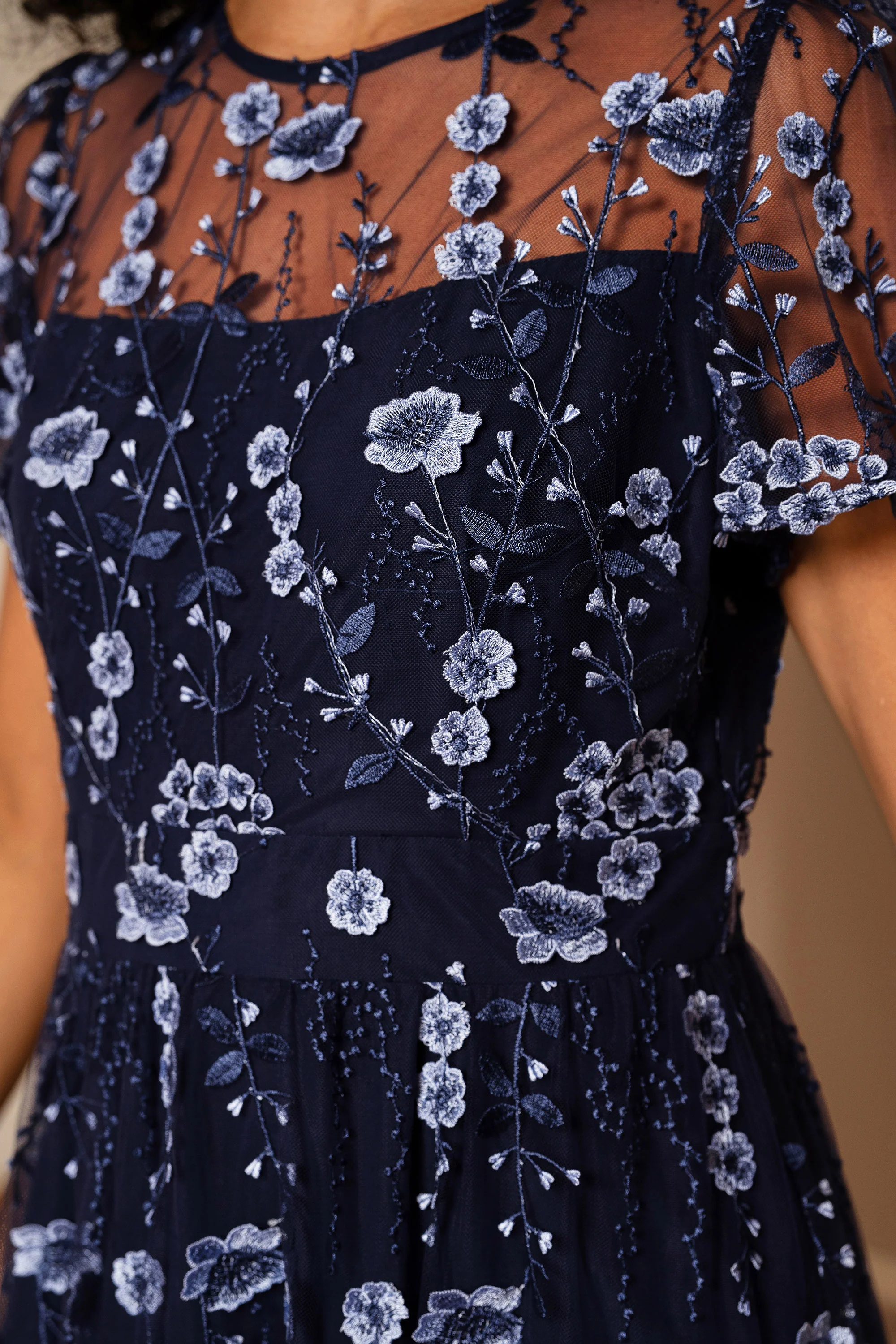 Yumi Navy Embroidered Mesh Midi Dress - Image 2