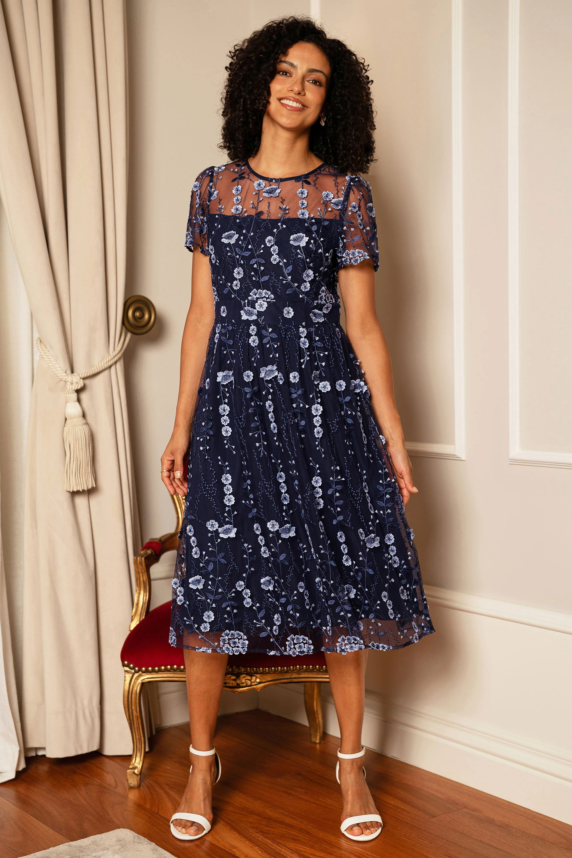 Yumi Navy Embroidered Mesh Midi Dress - Image 3