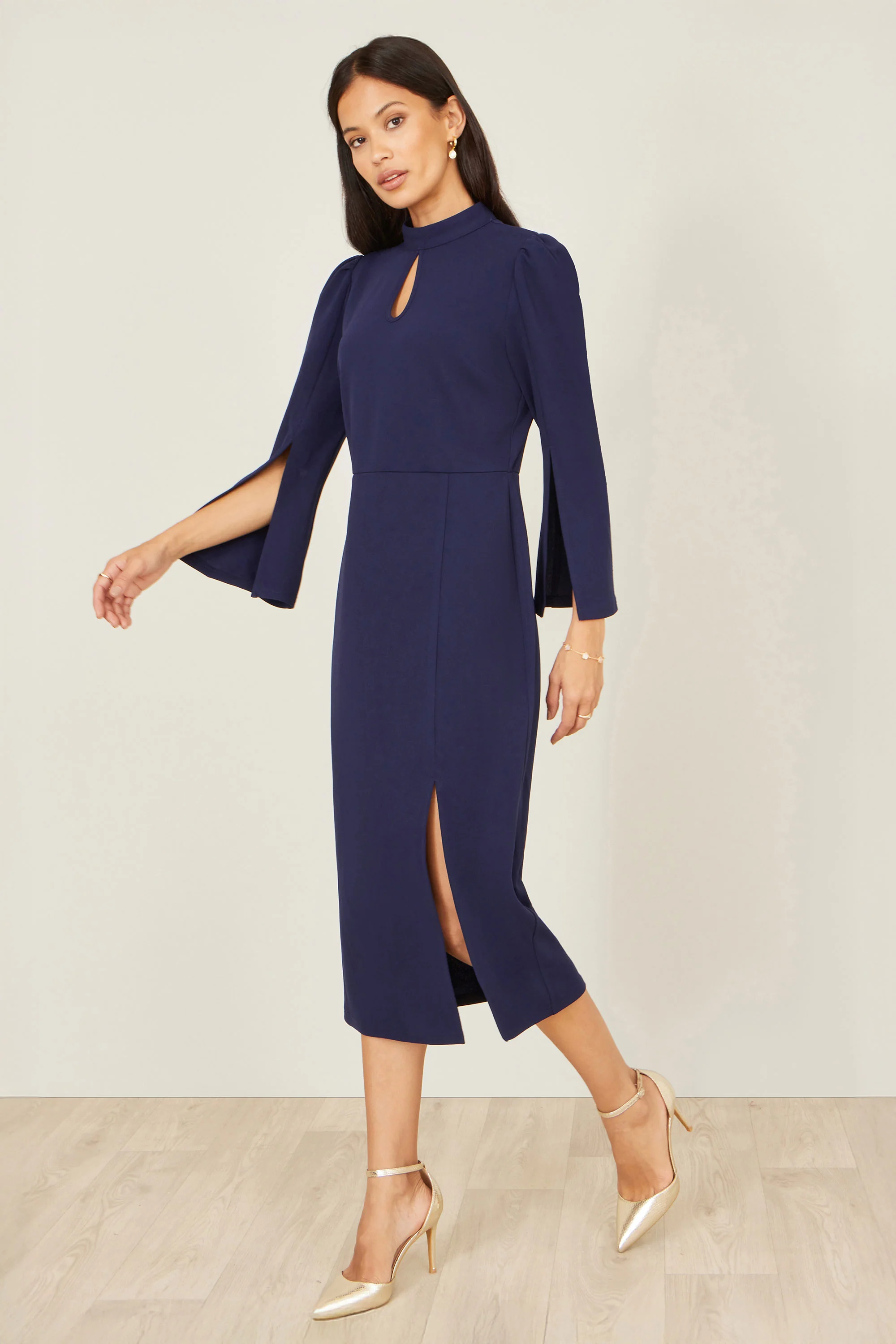 Yumi Navy Fitted Midi Dress With Flute Sleeves - Image 3