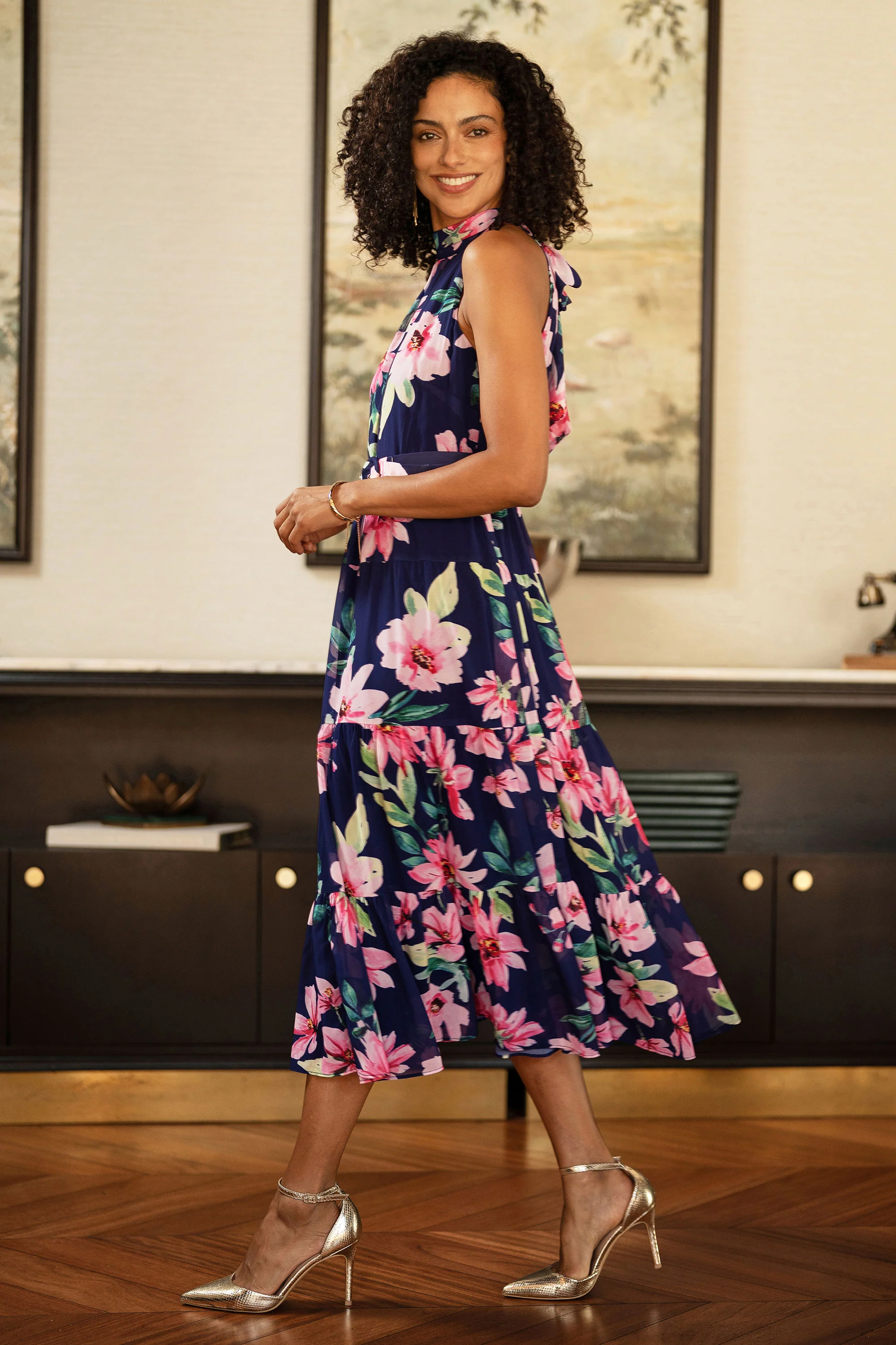 Yumi Navy Floral Halter Neck Midi Dress With Matching Belt - Image 3