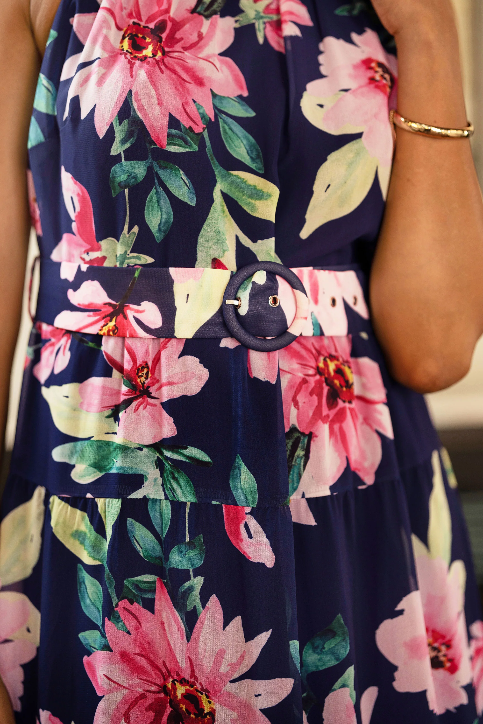 Yumi Navy Floral Halter Neck Midi Dress With Matching Belt - Image 4