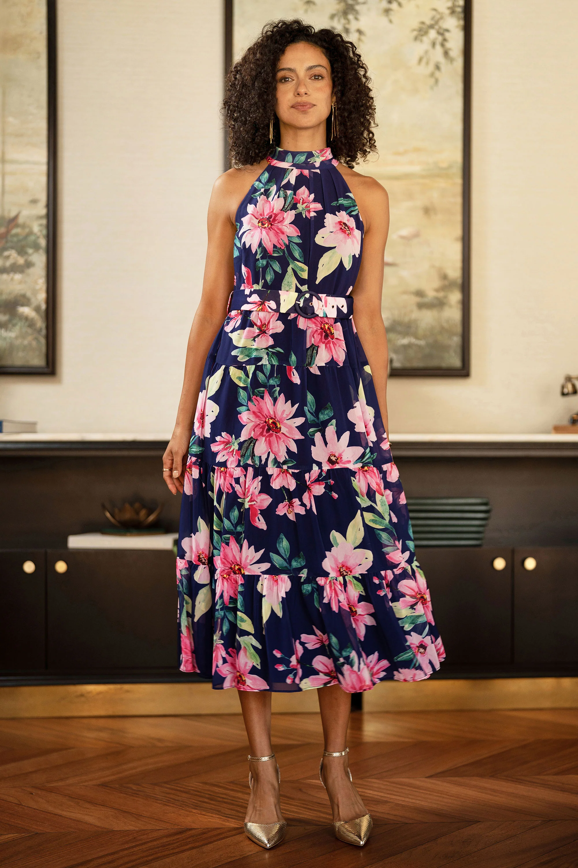 Yumi Navy Floral Halter Neck Midi Dress With Matching Belt - Image 5