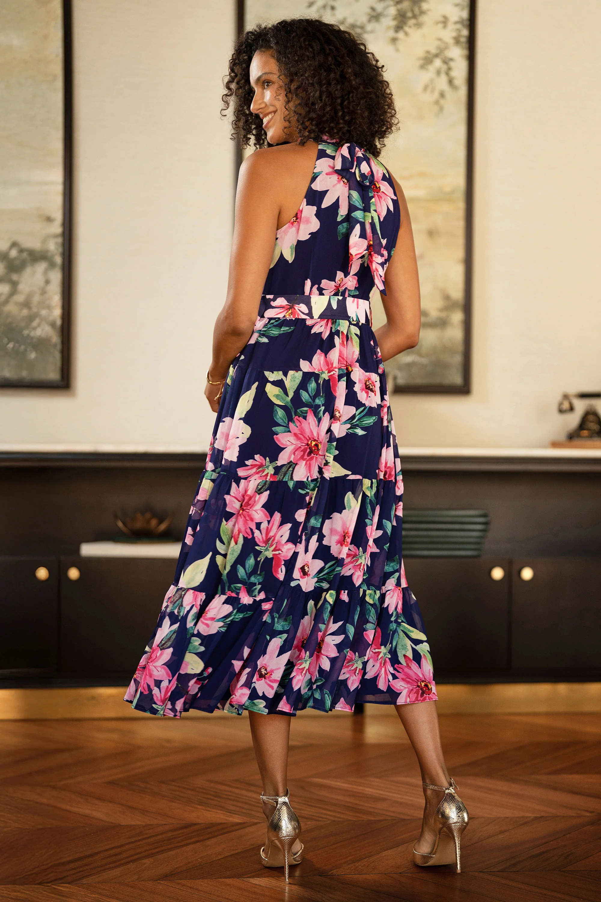 Yumi Navy Floral Halter Neck Midi Dress With Matching Belt - Image 6