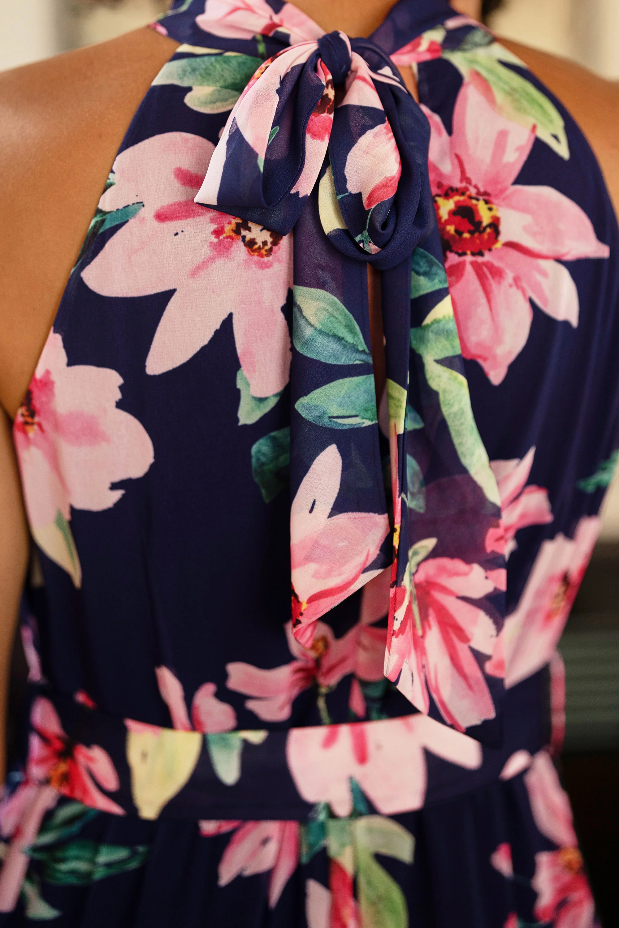 Yumi Navy Floral Halter Neck Midi Dress With Matching Belt - Image 7