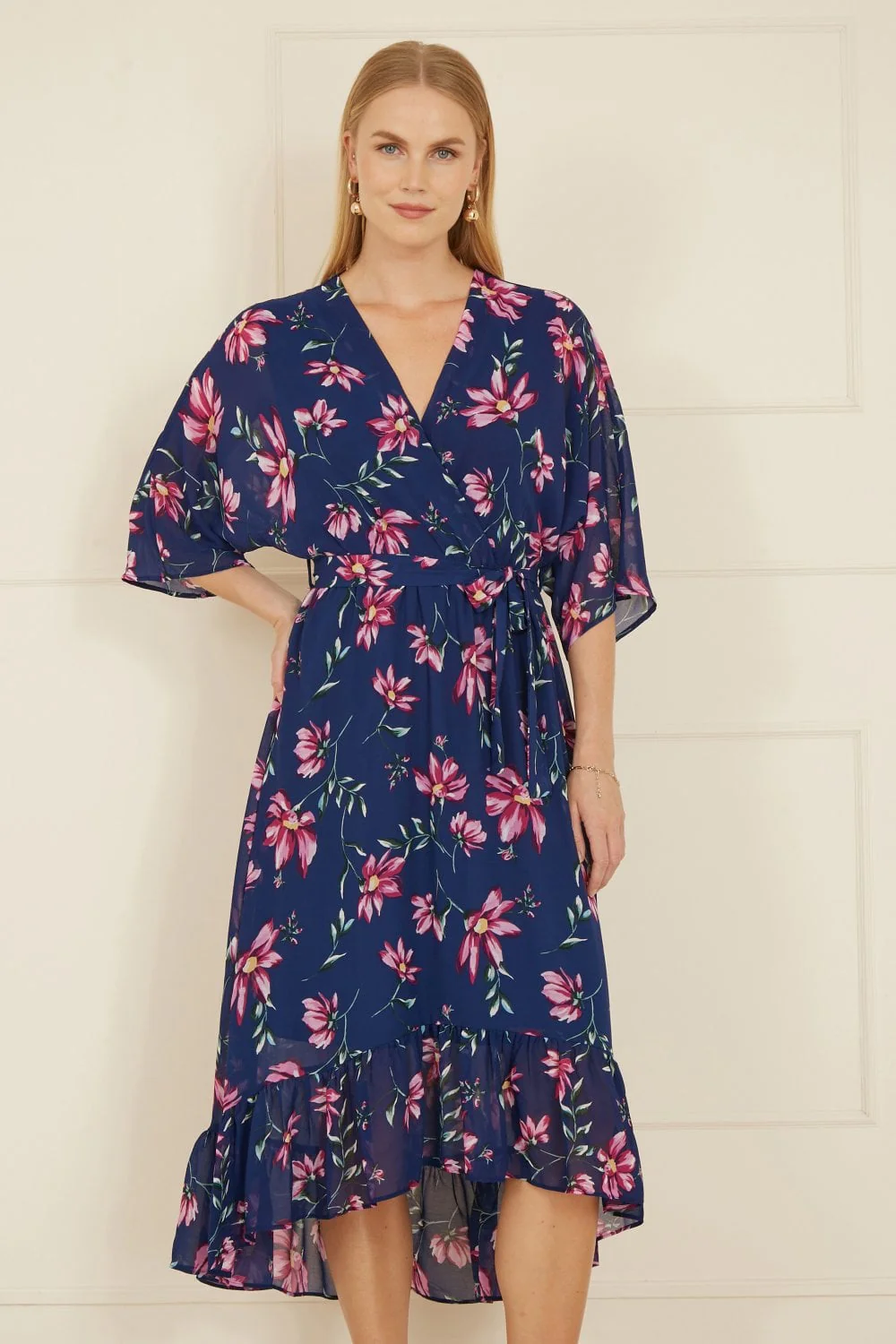 Yumi Navy Floral Kimono Dipped Hem Dress - Image 3