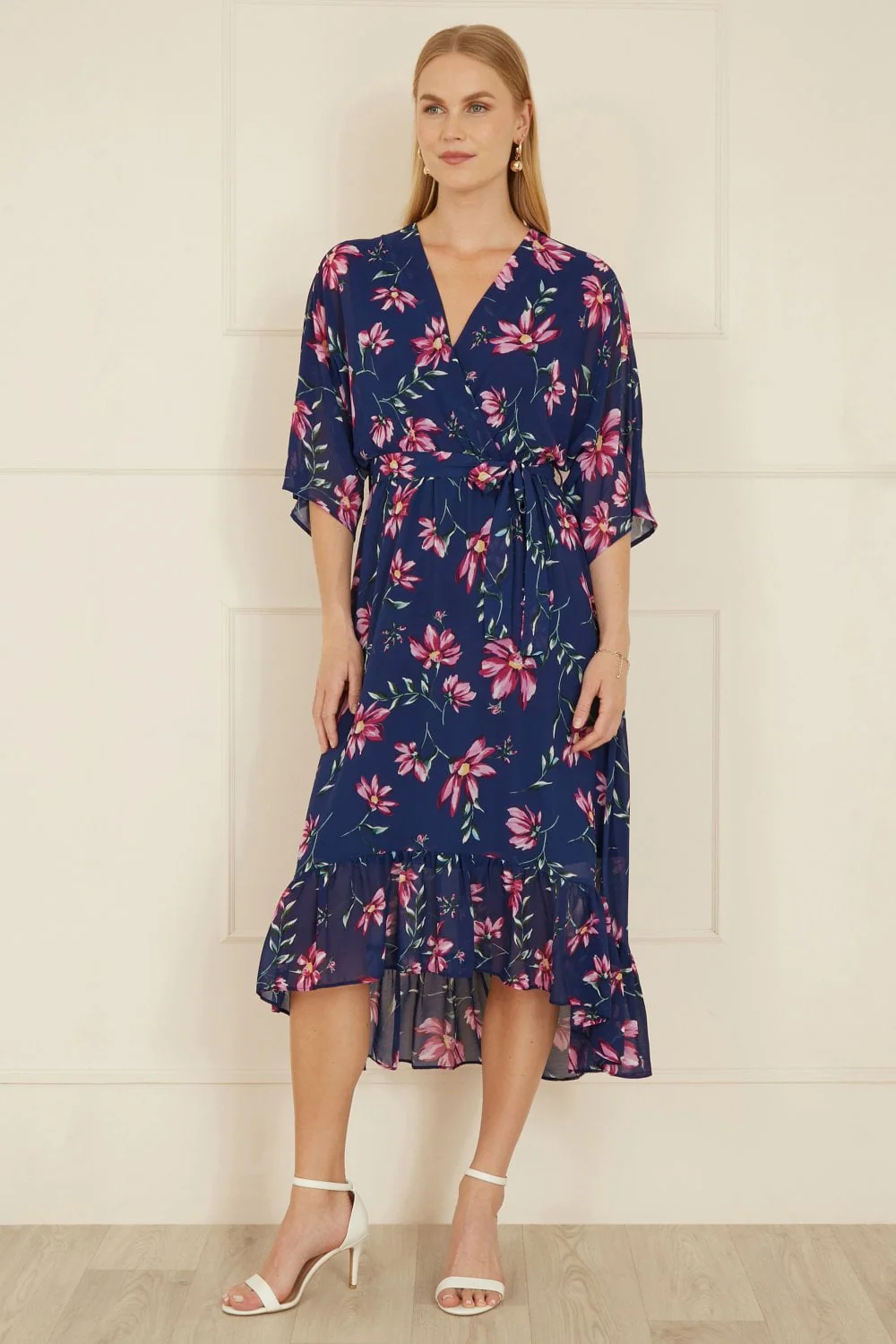 Yumi Navy Floral Kimono Dipped Hem Dress - Image 4