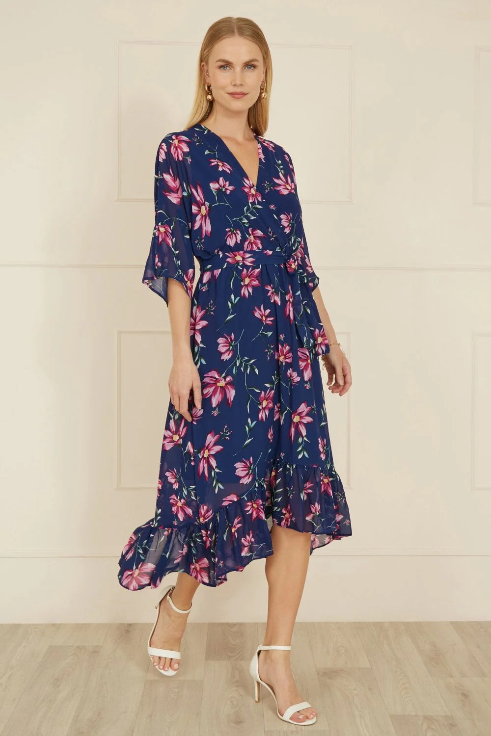 Yumi Navy Floral Kimono Dipped Hem Dress - Image 5