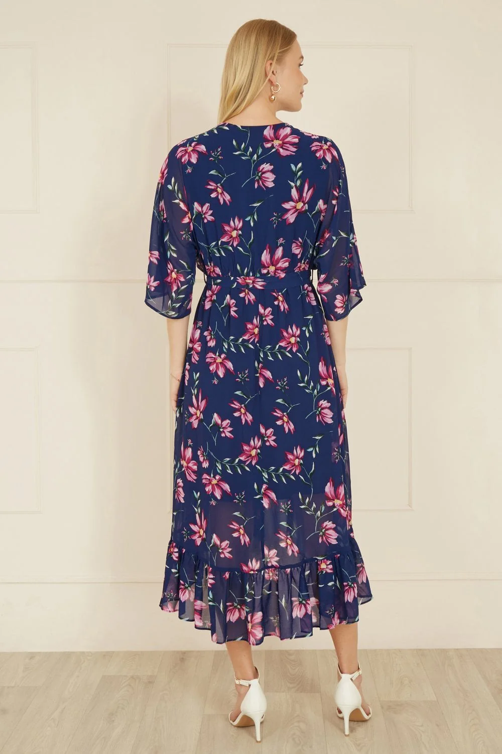 Yumi Navy Floral Kimono Dipped Hem Dress - Image 6