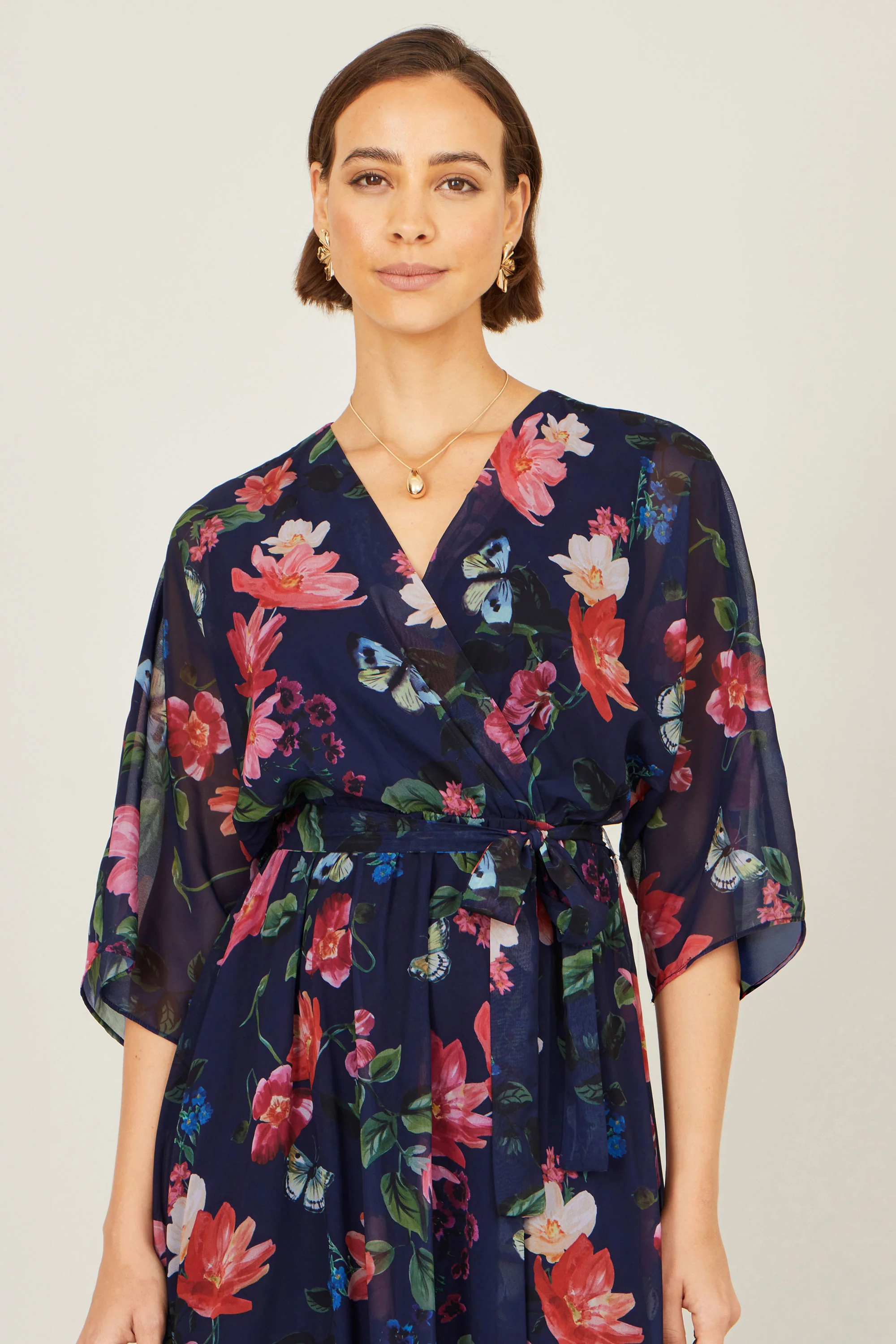 Yumi Navy Floral Kimono Wrap Dress With Dip Hem - Image 2
