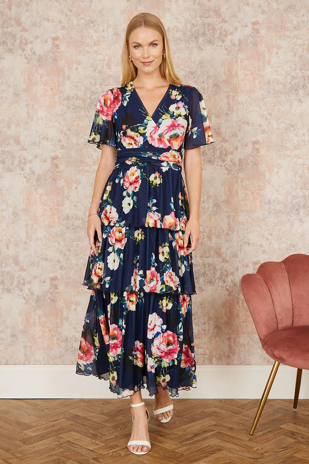 Yumi Navy Floral Mesh Tiered Maxi Dress - Image 4