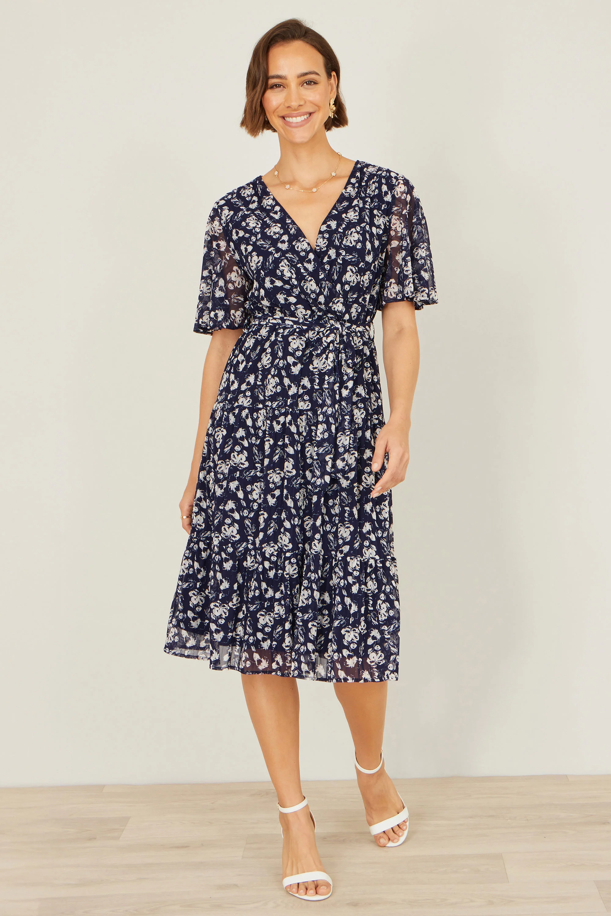 Yumi Navy Floral Mesh Wrap Dress - Image 5