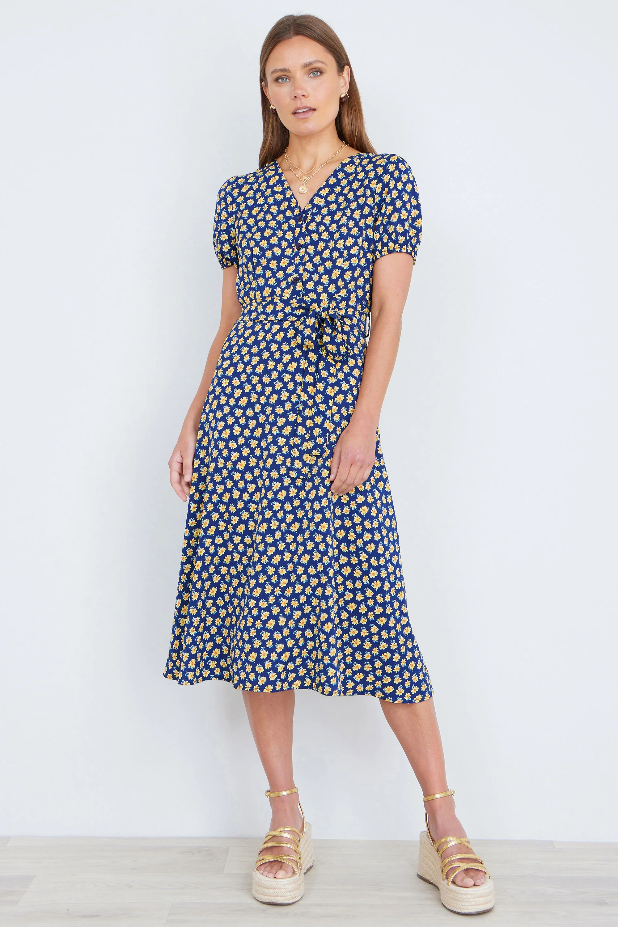 Yumi Navy Floral Midi Shirt Dress - Image 2