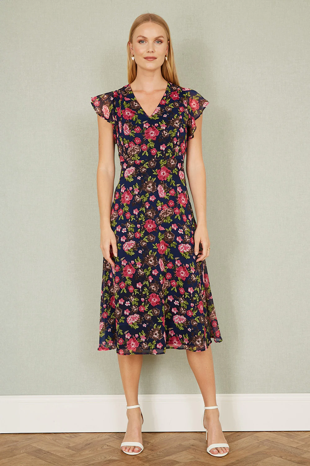 Yumi Navy Floral Midi Skater Dress - Image 3