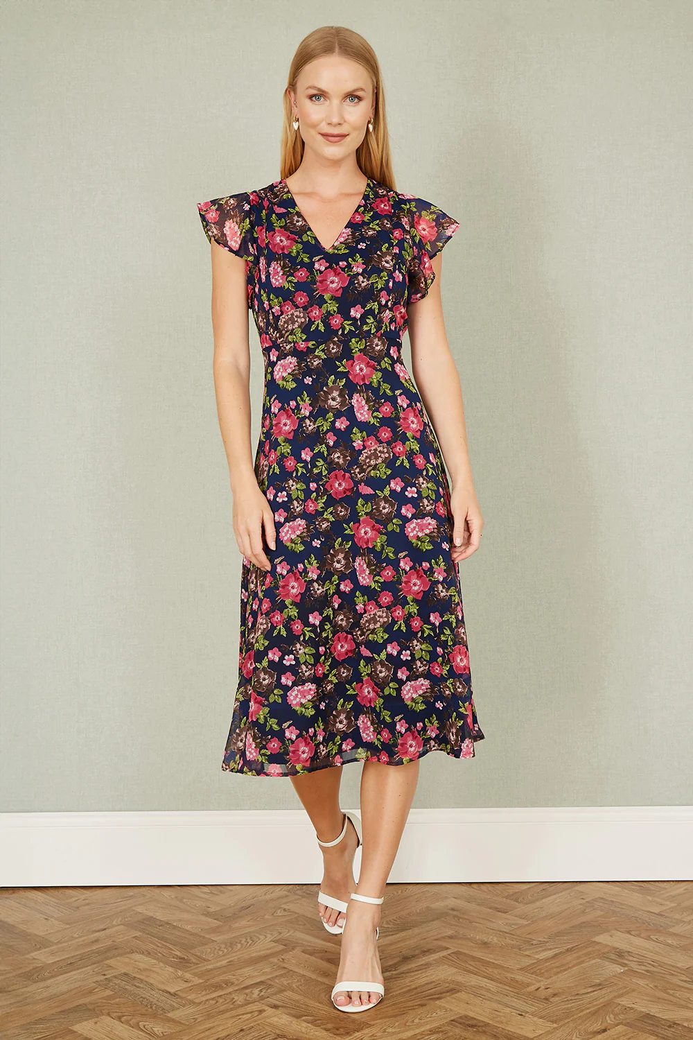 Yumi Navy Floral Midi Skater Dress - Image 5