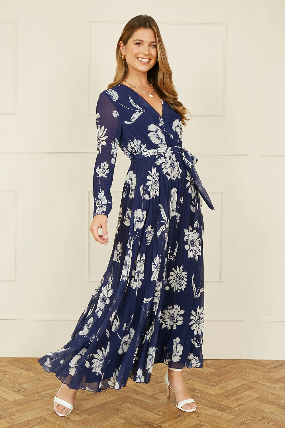 Yumi Navy Floral Pleated Midi Wrap Long Sleeve Dress - Image 2