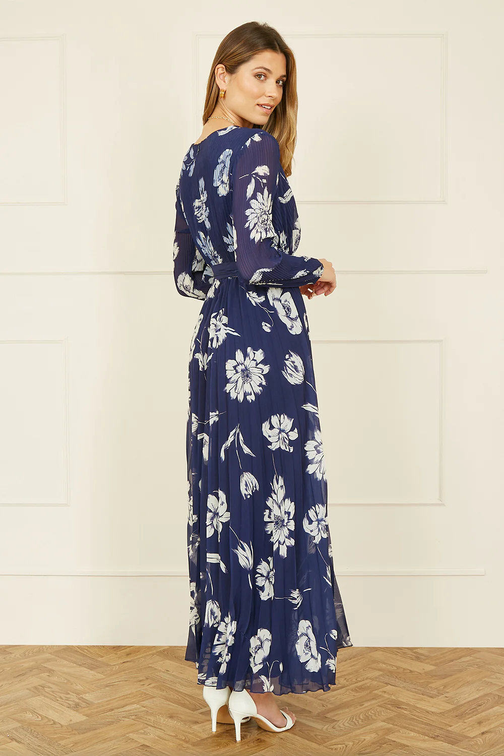 Yumi Navy Floral Pleated Midi Wrap Long Sleeve Dress - Image 4
