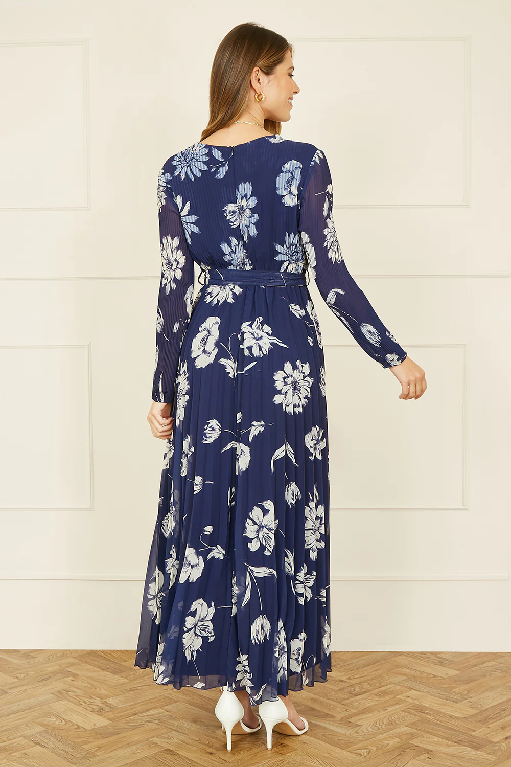 Yumi Navy Floral Pleated Midi Wrap Long Sleeve Dress - Image 5