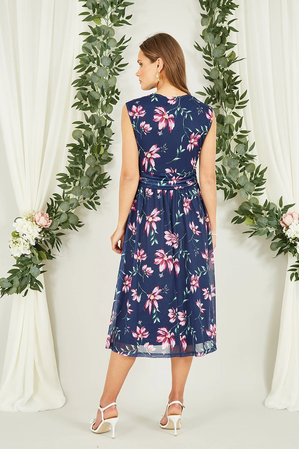 Yumi Navy Floral Print Mesh Stretch Midi Dress With Pockets - Image 5