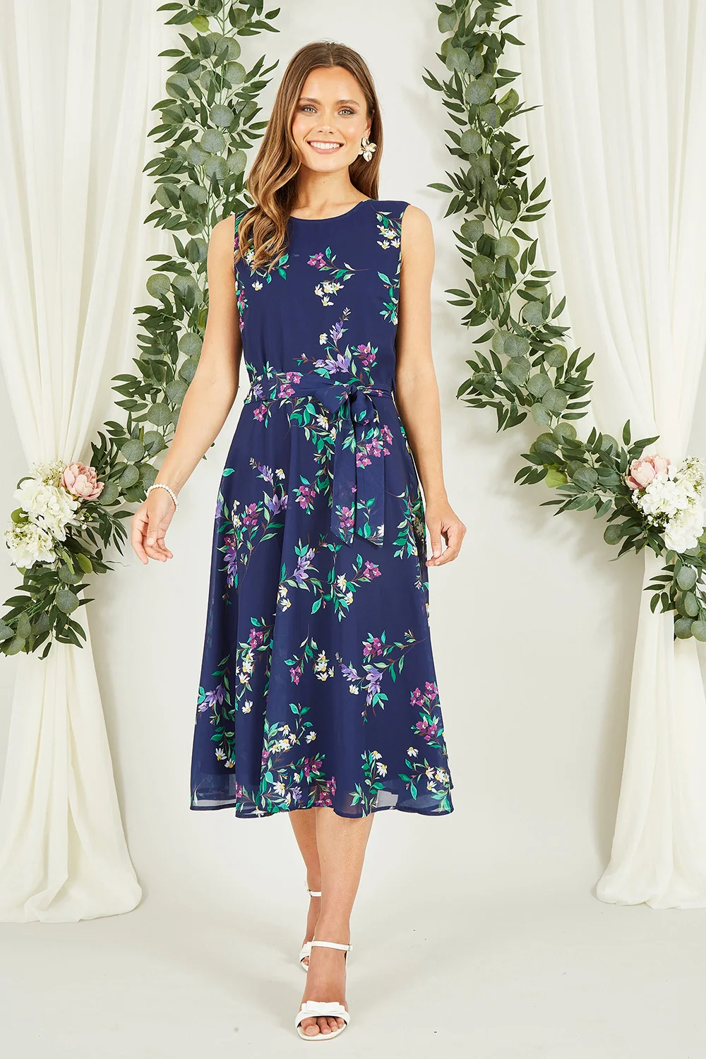 Yumi Navy Floral Print Midi Skater Dress - Image 2