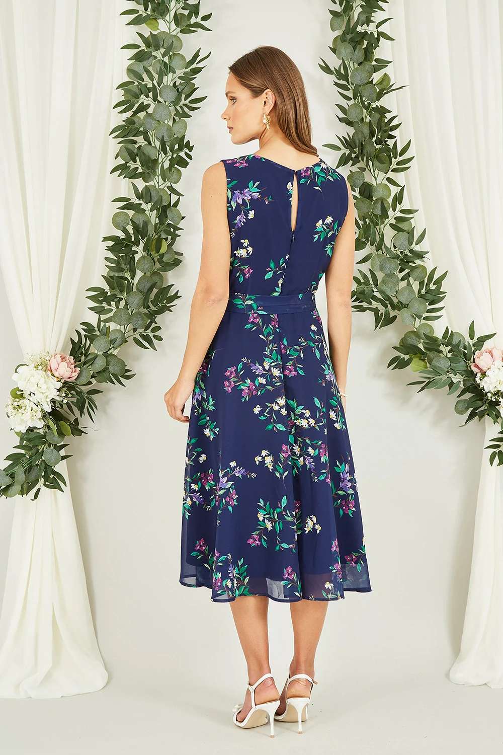 Yumi Navy Floral Print Midi Skater Dress - Image 4