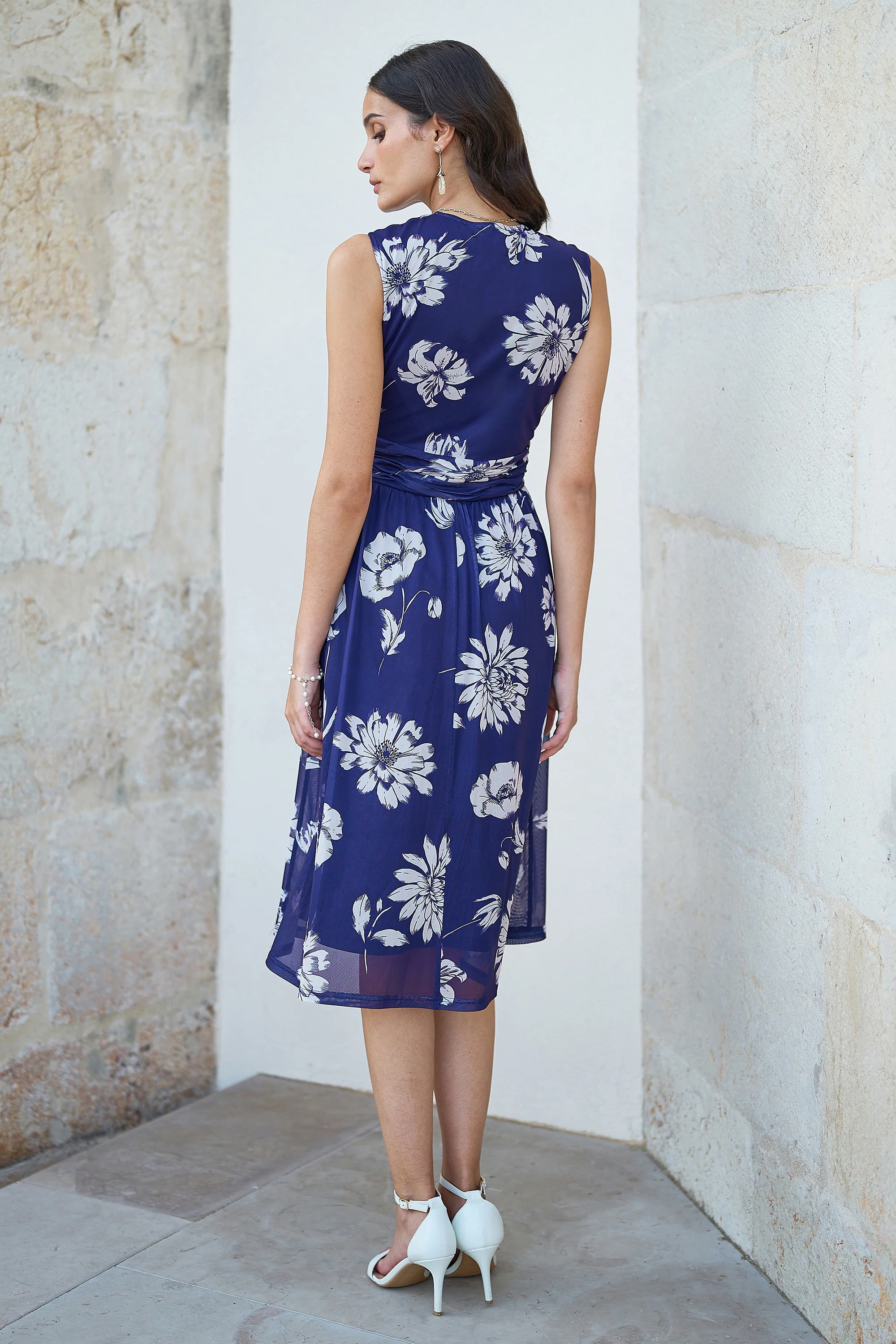Yumi Navy Floral Print Stretch Mesh Dress With Pockets - Image 4