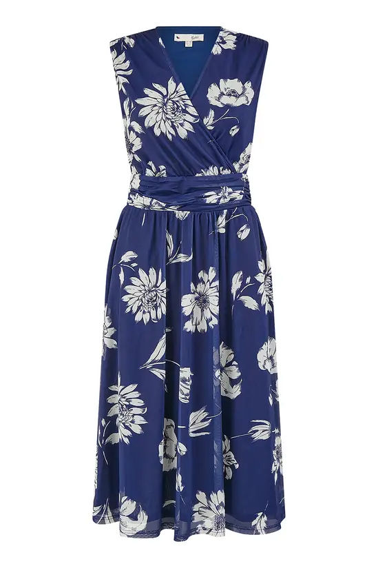 Yumi Navy Floral Print Stretch Mesh Dress With Pockets - Image 5