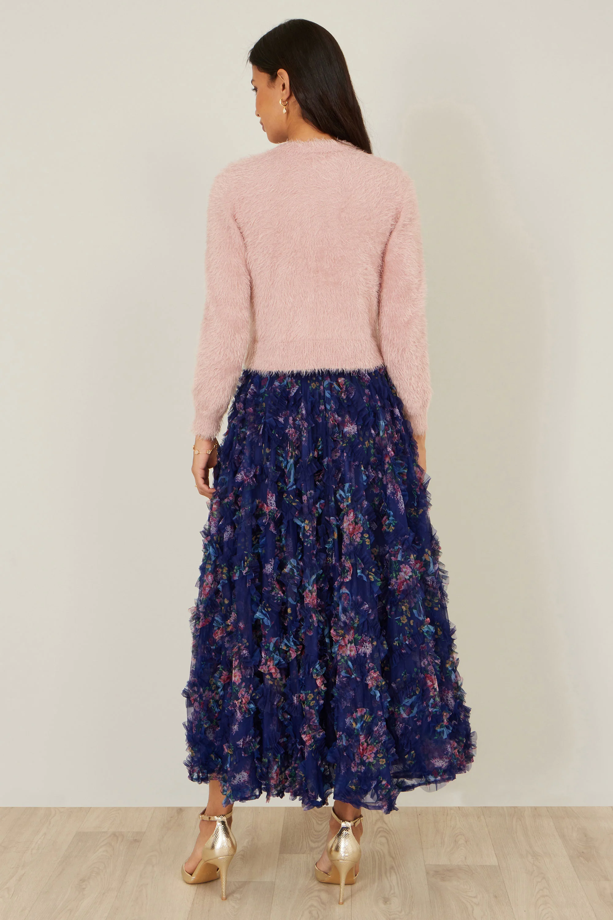 Yumi Navy Floral Ruffle Mesh Midi Skirt - Image 5
