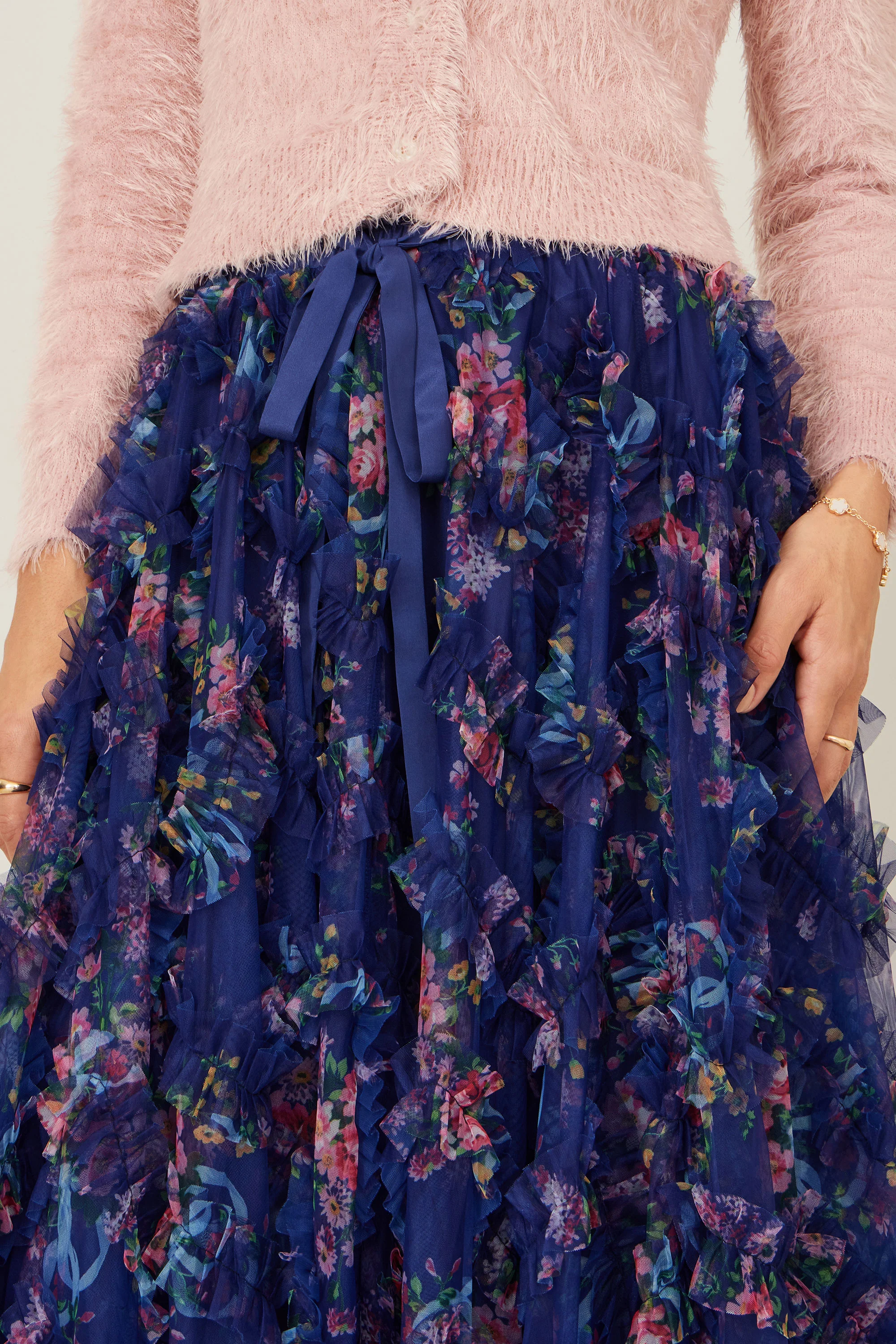 Yumi Navy Floral Ruffle Mesh Midi Skirt - Image 6