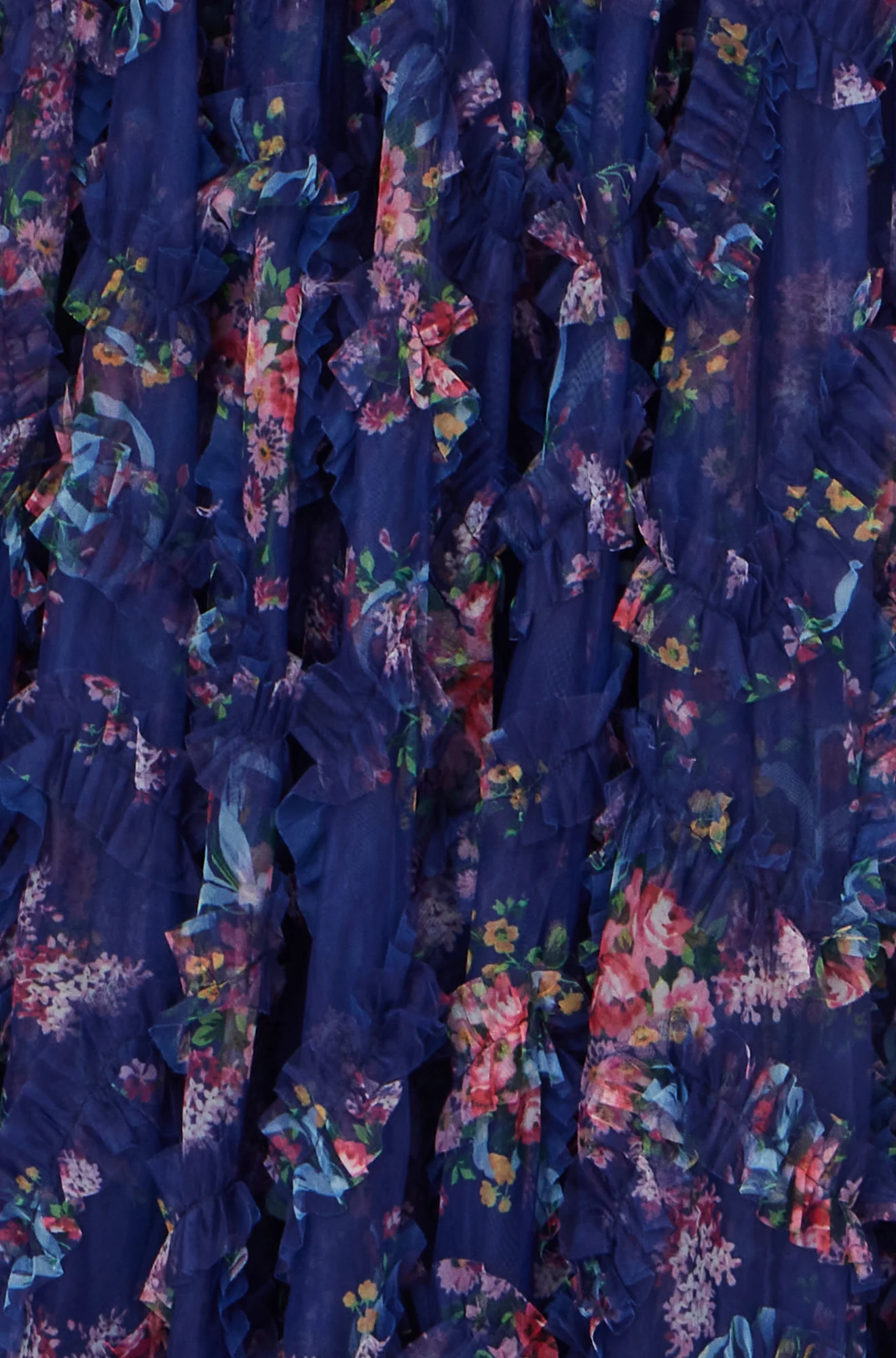 Yumi Navy Floral Ruffle Mesh Midi Skirt - Image 7