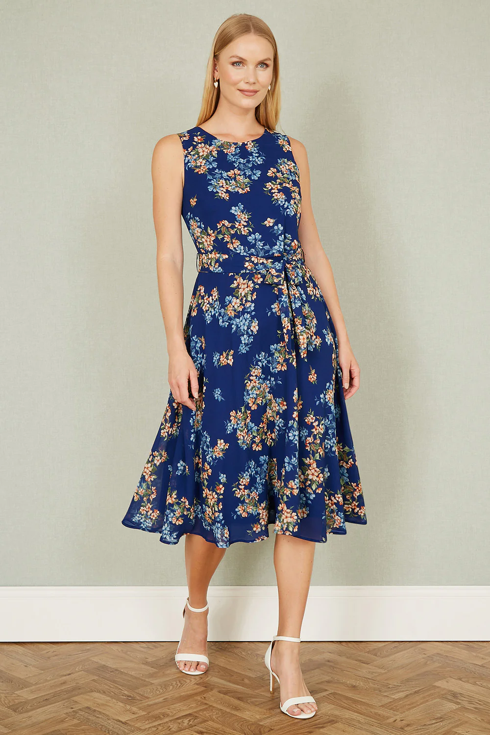 Yumi Navy Floral Skater Sleeveless Dress - Image 4