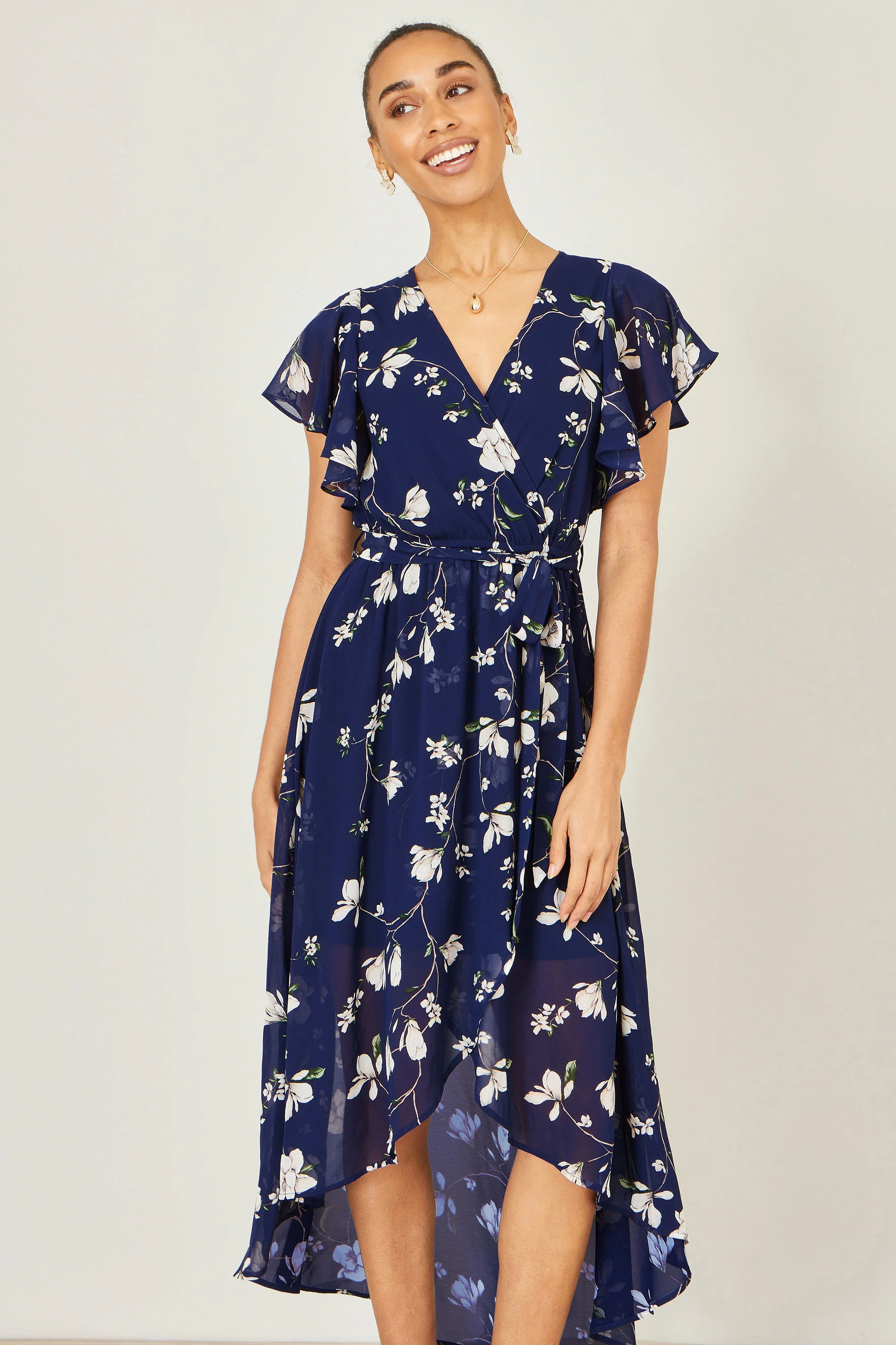 Yumi Navy Floral Wrap Midi Dress With Frill Hem - Image 4