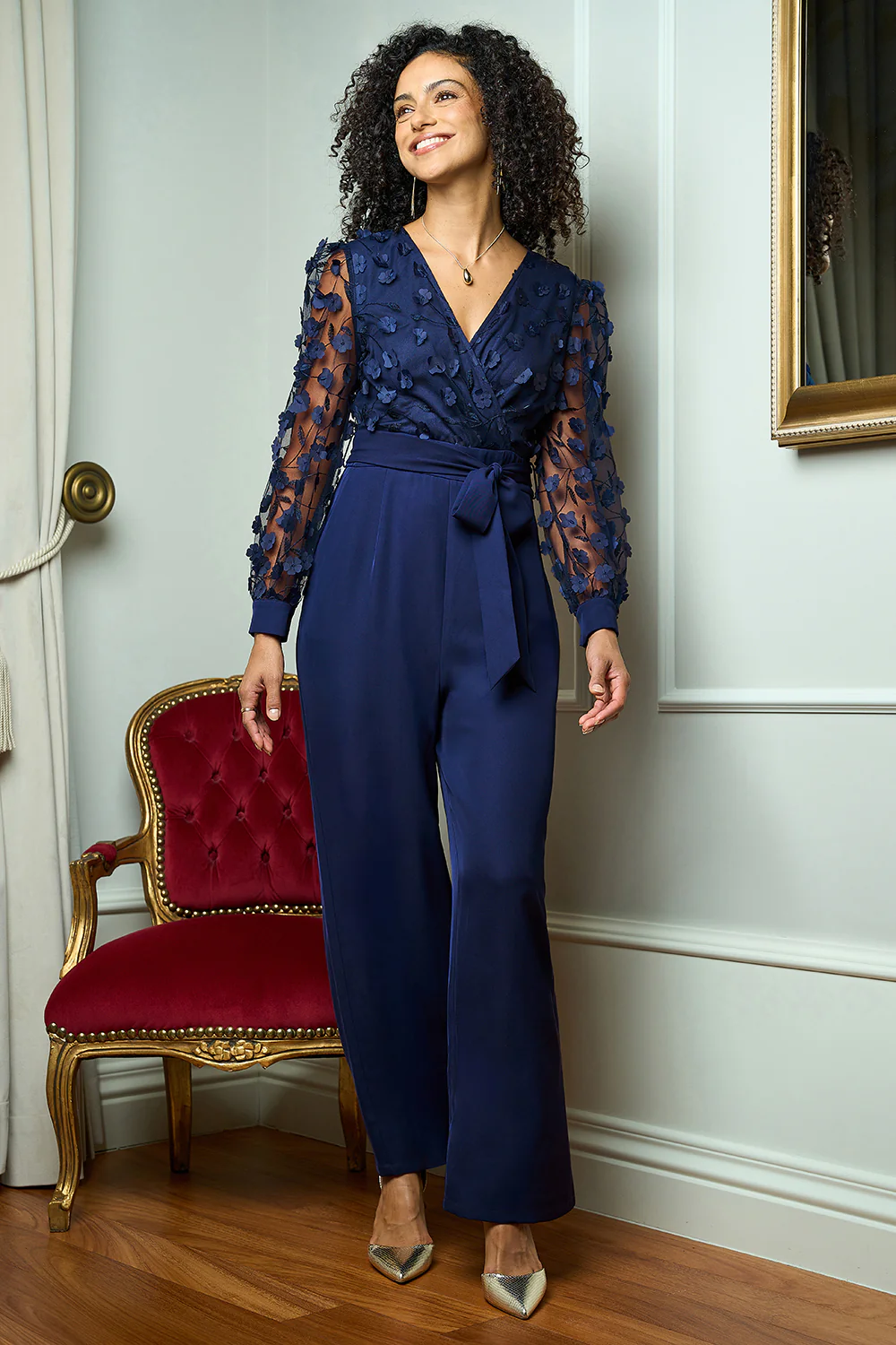 Yumi Navy Flower Applique Jumpsuit - Image 3