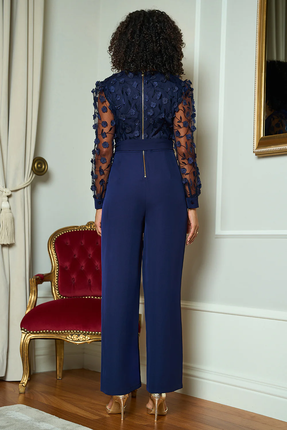 Yumi Navy Flower Applique Jumpsuit - Image 4
