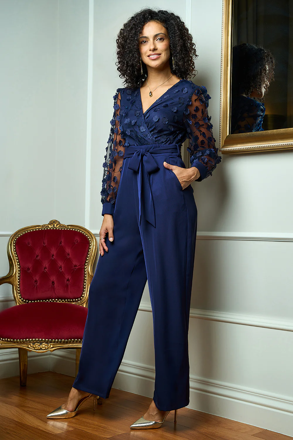 Yumi Navy Flower Applique Jumpsuit - Image 5