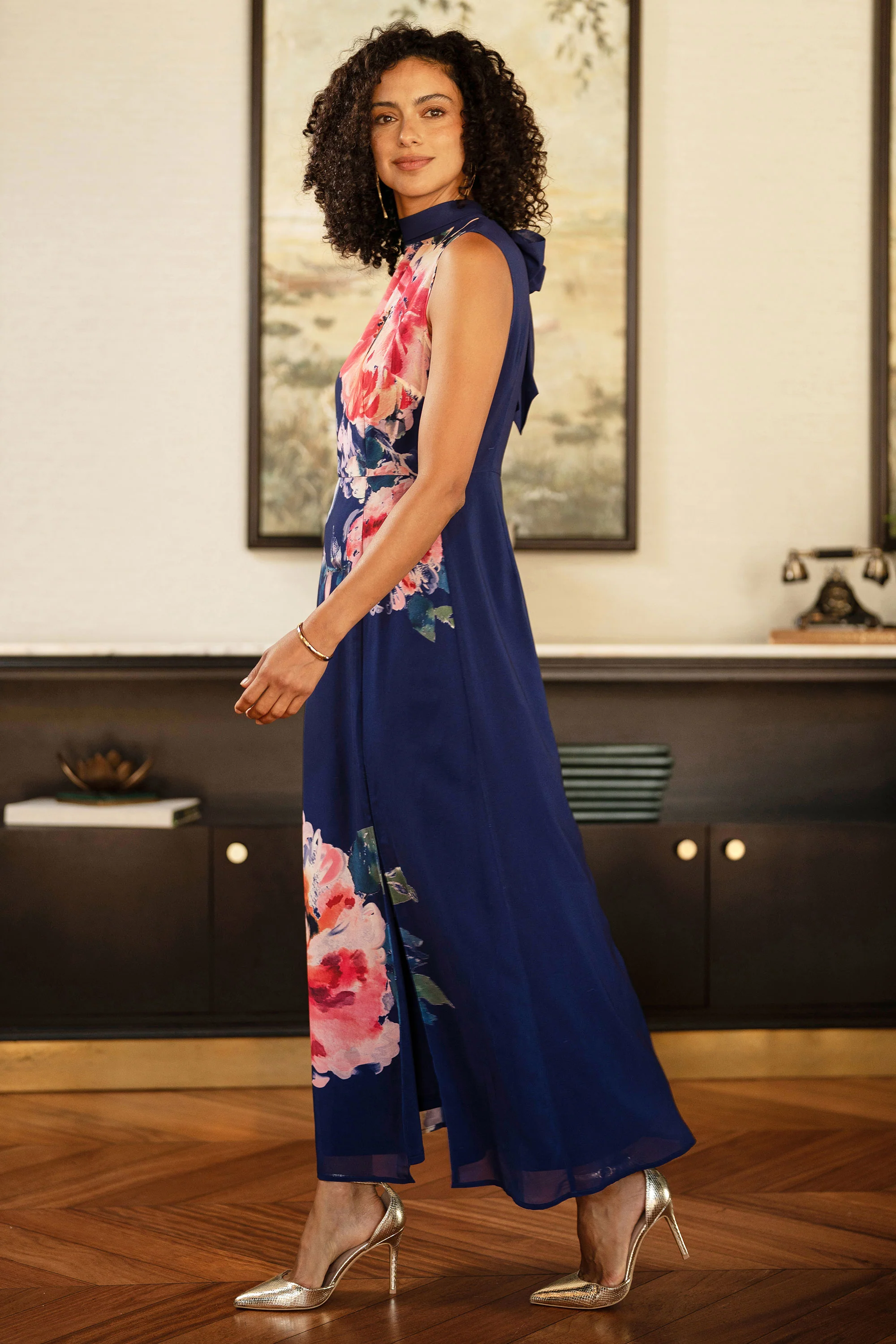 Yumi Navy Flower Halter Neck Maxi Dress - Image 5