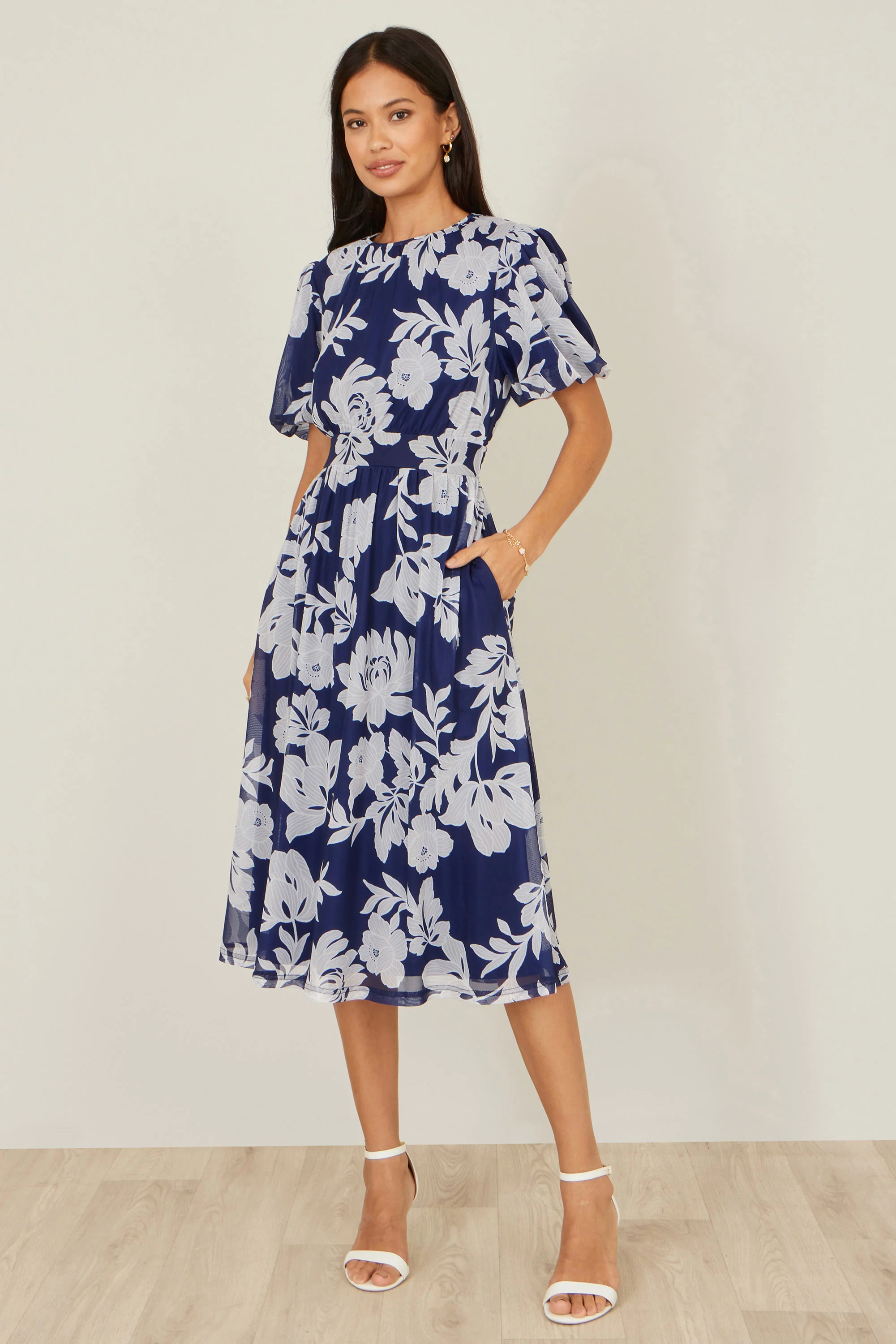 Yumi Navy Flower Stretch Mesh Midi Dress With Angel Sleeves - Image 3
