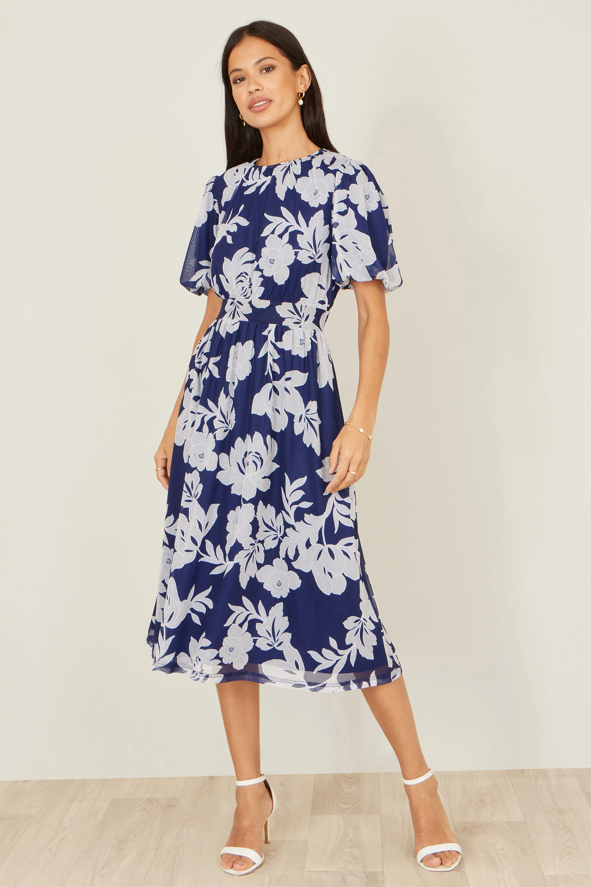Yumi Navy Flower Stretch Mesh Midi Dress With Angel Sleeves - Image 4