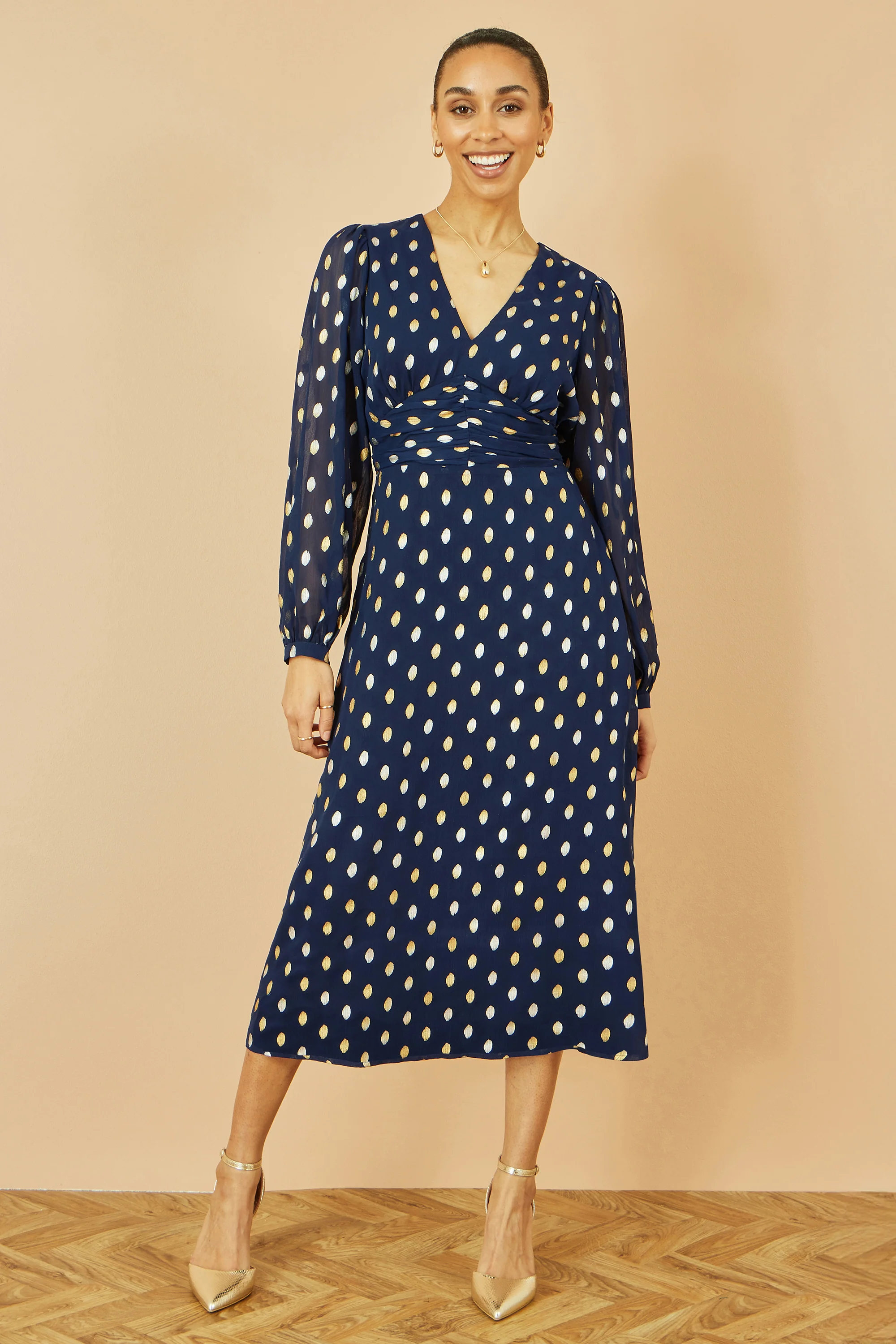 Yumi Navy Foil Print Midi Dress - Image 3