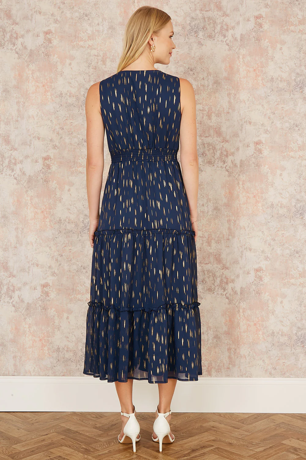 Yumi Navy Foil Print Ruched Waist Midi Dress With Tie Notch Neckline - Image 3