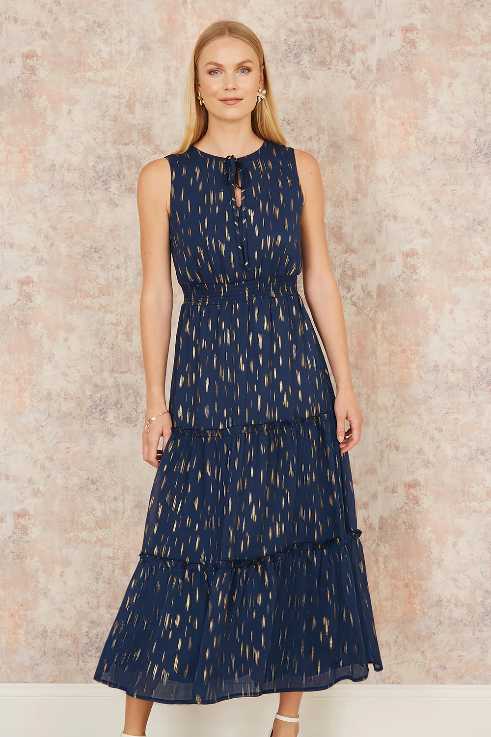 Yumi Navy Foil Print Ruched Waist Midi Dress With Tie Notch Neckline - Image 4
