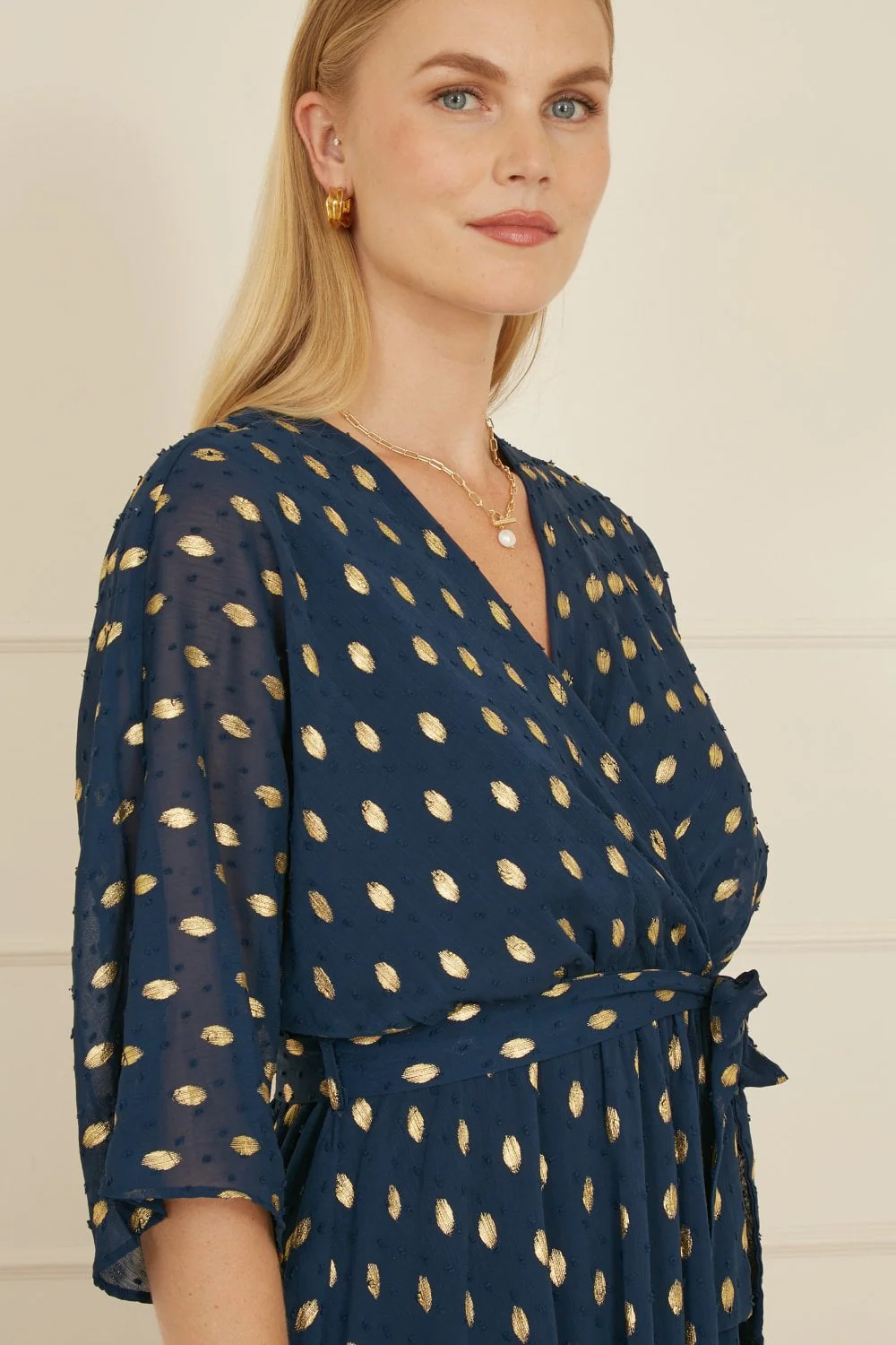 Yumi Navy Foil Print Wrap Over Dip Hem Midi Dress - Image 3