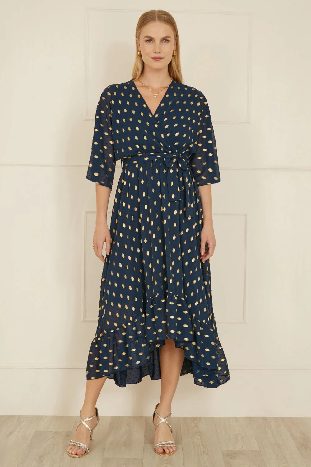Yumi Navy Foil Print Wrap Over Dip Hem Midi Dress - Image 4
