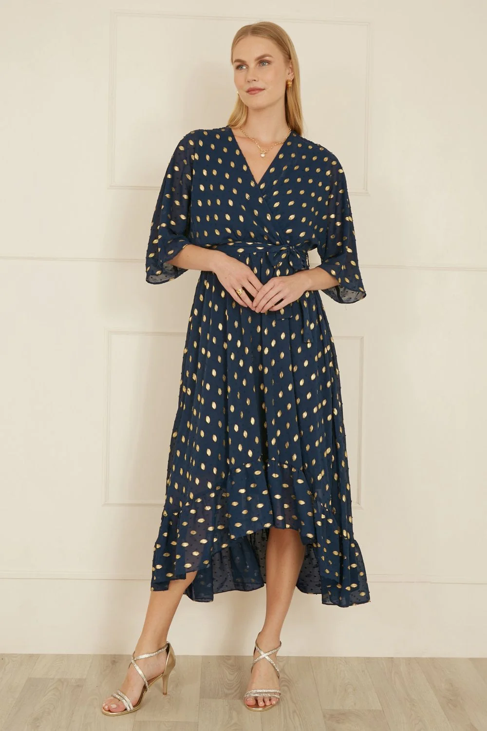 Yumi Navy Foil Print Wrap Over Dip Hem Midi Dress - Image 5