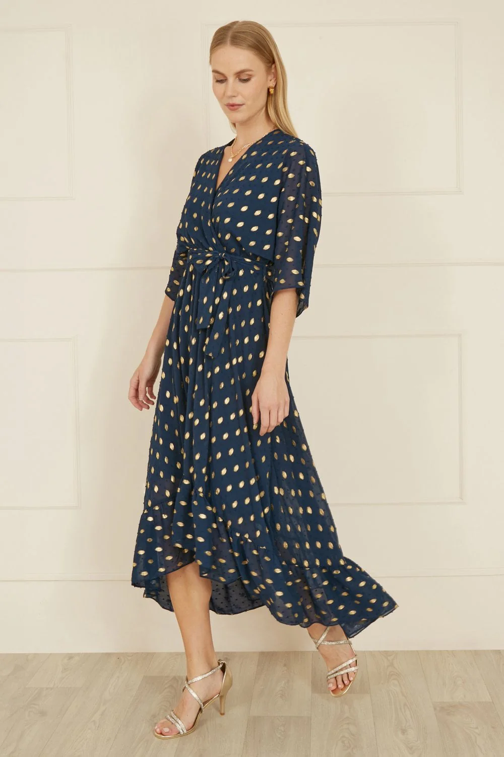 Yumi Navy Foil Print Wrap Over Dip Hem Midi Dress - Image 6