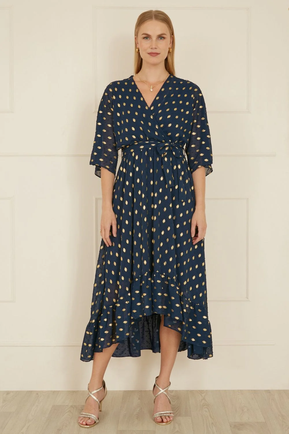 Yumi Navy Foil Print Wrap Over Dip Hem Midi Dress - Image 7