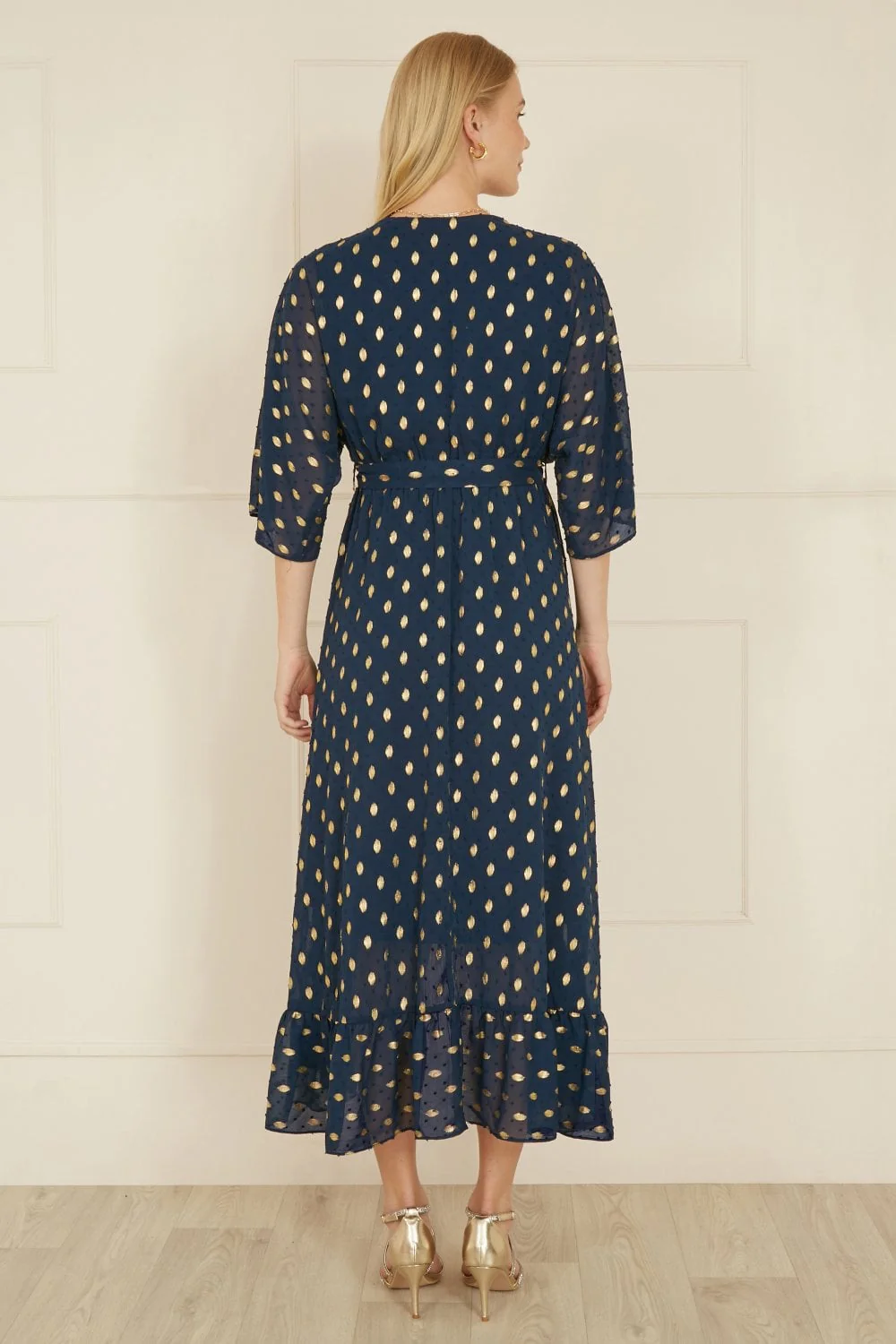 Yumi Navy Foil Print Wrap Over Dip Hem Midi Dress - Image 8